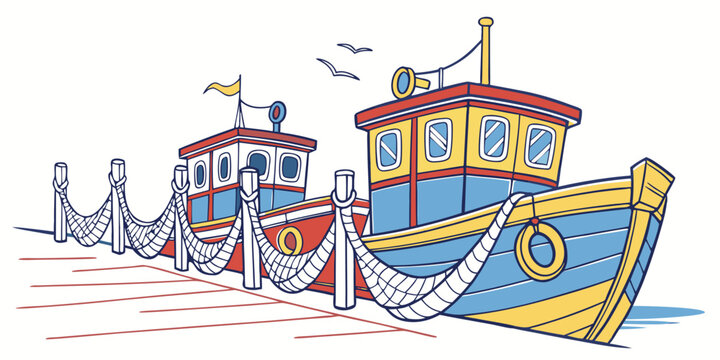 A colorful fishing boat with nets on the side Vector