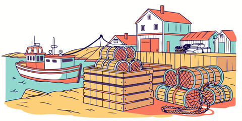 A colorful illustration of a beach scene with a boat and a fishing net Vector © Md Kazi Rahman