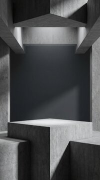 Sc&egrave;ne architecturale brutaliste en b&eacute;ton avec pi&eacute;destal central et jeux d'ombres et de lumi&egrave;res.