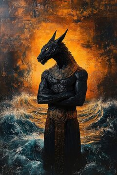 Brooding jackal-headed humanoid guardian with crossed arms, muscular black body, golden collar and ornate belt standing before a fiery orange halo as ocean waves crash
