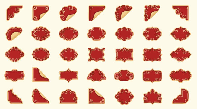 Set of Chinese traditional red frames and corner ornaments, lunar new year oriental decorative elements collection with cloud patterns and gold outlines.