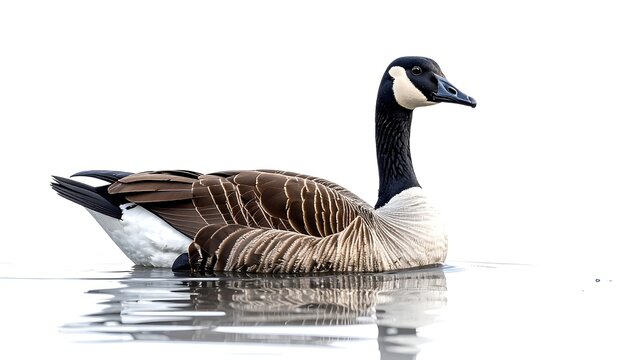 A close-up shot of a goose calmly floating on water, showcasing its patterned feathers and distinct black head and neck