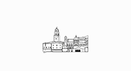 Obraz premium Stylized line drawing of a historic European city skyline with prominent towers