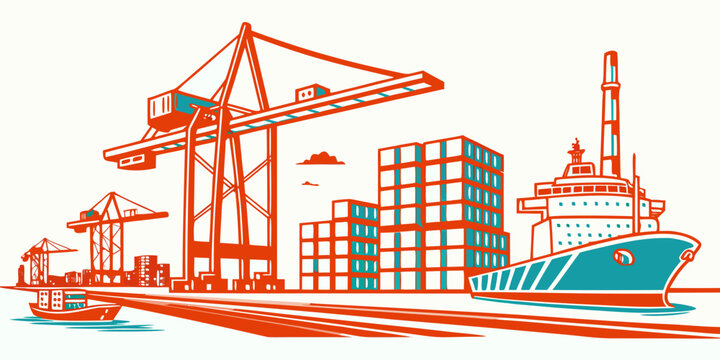 A large cargo ship docked at a port with cranes Vector