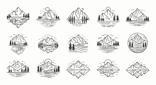 Stylized mountain range and forest illustrations with water reflections