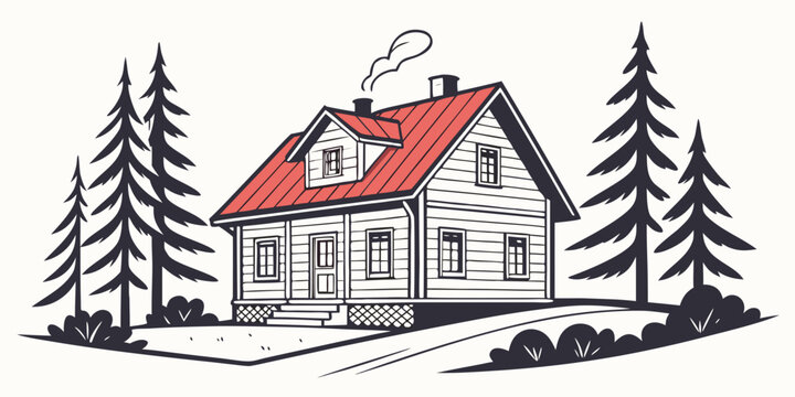 A house with a red roof surrounded by pine trees Vector