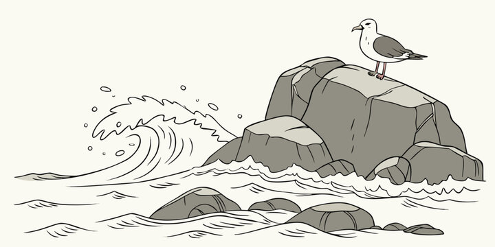 A seagull standing on a rock by the ocean Vector