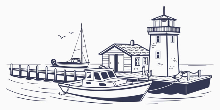 A boat is docked near a lighthouse and a small building Vector