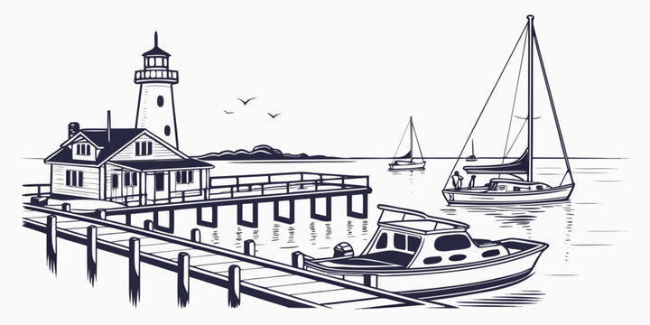 A boat dock with a lighthouse and a sailboat Vector