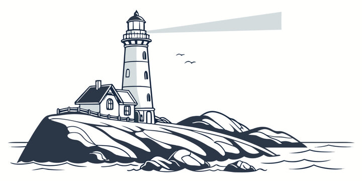 A lighthouse on a rocky cliff by the sea Vector