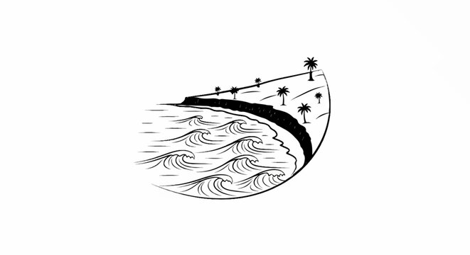 Stylized black and white sketch of a tropical coastline with palm trees and waves