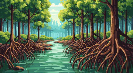 Mangrove swamp forest with exposed roots and a winding river, vector illustration of a serene natural landscape © Purnomo