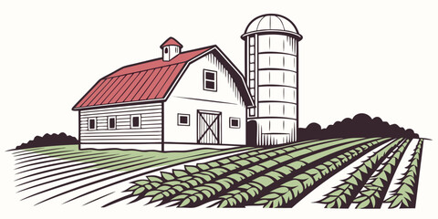 A white farm with a red roof and a silo next to a field Vector © Md Kazi Rahman