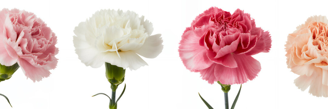 Closeup single stem carnations in pink, white, peach flowers