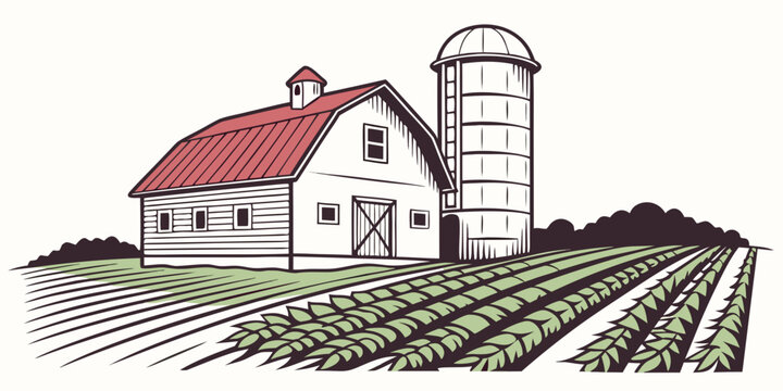A white farm with a red roof and a silo next to a field Vector