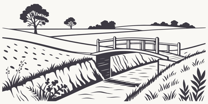 A small bridge over a drainage ditch in a rural landscape Vector
