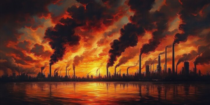 Industrial skyline with rows of smokestacks belching thick black smoke into a fiery orange sunset reflecting on calm water, evoking a foreboding, apocalyptic atmosphere