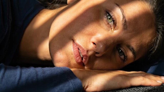 Pensive woman's face in dramatic natural light and shadow, close-up portrait