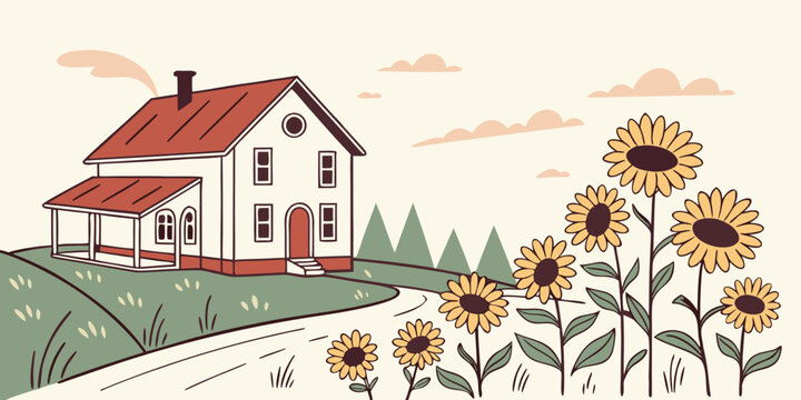 A white house with a red roof and sunflowers in the garden Vector