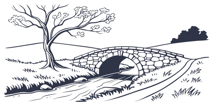 A stone hut sitting next to a leafless tree in a snowy landscape Vector