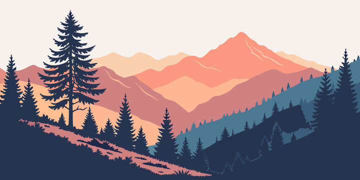 Sunset over mountains with pine trees on a hill Vector