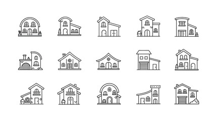 Fototapeta premium Set of Outline Icons: Diverse House Styles, Architectural Designs, Residential Buildings