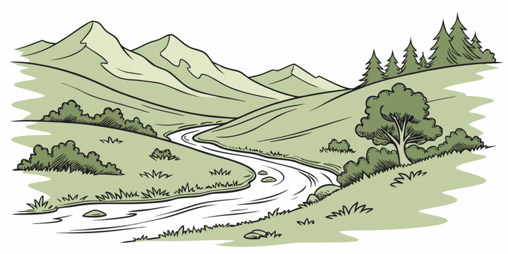 A serene mountain landscape with a river flowing through it Vector