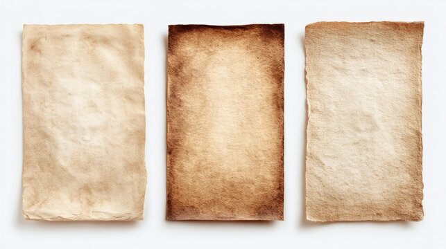 Three aged parchment papers with burnt edges arranged vertically on a white background