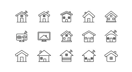 Fototapeta premium Smart Home Icons: Modern Houses with Wi-Fi and Technology Symbols