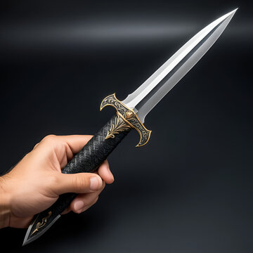 Hand holding dagger with sharp blade.