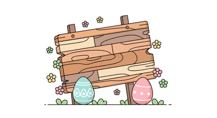 Fototapeta premium Blank Wooden Sign with Easter Eggs and Spring Flowers Illustration
