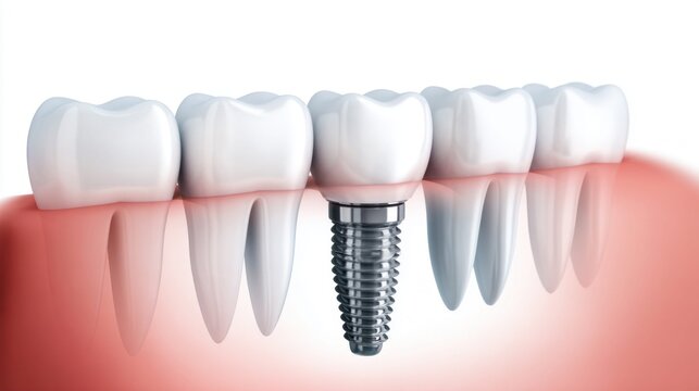 Dental implant screw positioned in the jawbone next to healthy teeth and roots