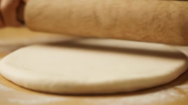 Close-up of rolling pin flattening dough, food preparation and baking concept.