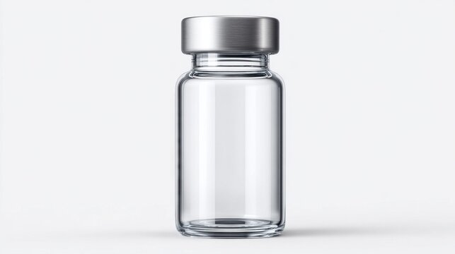 Clear glass vial with silver cap on a white background, studio shot