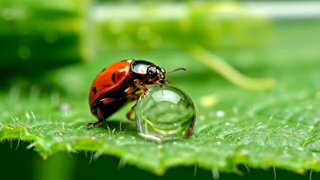 Close-up of a red ladybug drinking water droplet on a green leaf, nature. 