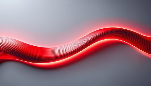minimalist red glowing neon light strip forming a sinuous line against a light gray background contemporary art abstraction