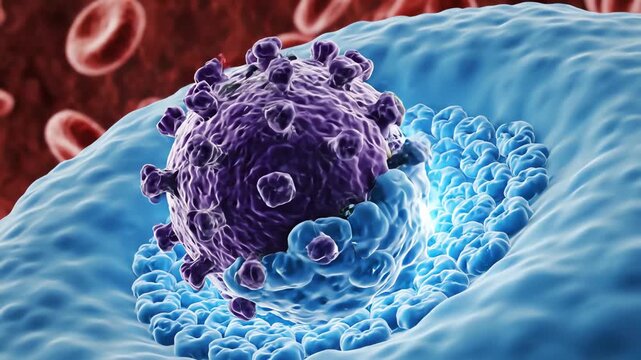 The spherical virus with spiky envelope proteins moves toward a CD4 immune cell. Surface proteins bind with precise lock-and-key interaction to receptors