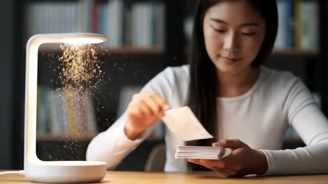 Asian woman shuffling cards under lamp, enhancing focus and concentration, reading, study.