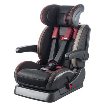 A convertible car seat with red accents and adjustable headrest