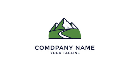 Company logo with mountain landscape.