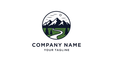 Mountain landscape logo with road and trees.