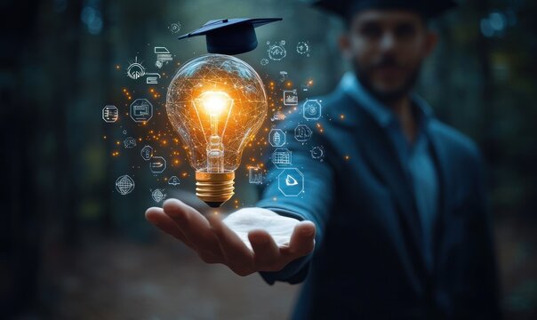 outstretched hand presenting a glowing lightbulb topped with a graduation cap surrounded by floating digital education icons, conveying inspiration and achievement