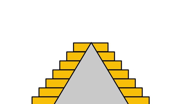 A pyramid shaped stair set is centered on a white background with a gray triangle inside and yellow steps ascending equally on both left and right