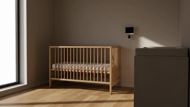 Minimalist nursery interior with baby monitor, crib, changing table, and natural light. Wooden floor, Scandinavian style. Simple, cozy, and modern baby room design.