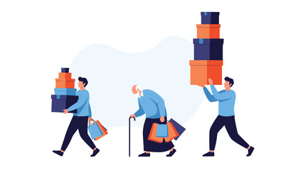 Illustration of two young men carrying tall stacks of boxes and an elderly man with shopping bags as a concept for physical labor.