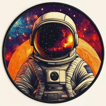 solitary astronaut in detailed suit with reflective star-filled visor and glowing orange planet background, evoking awe and cosmic mystery