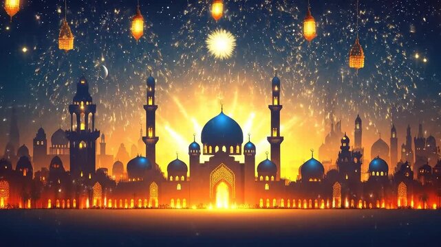 Happy Islamic New Year festival. Festive fireworks explode above a radiant mosque and minarets, illuminating a dark cityscape with glowing lanterns.