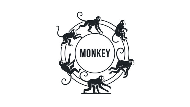 Vintage style logo design featuring various monkey silhouettes arranged in a circle around the central text word monkey.