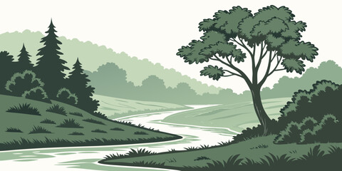 A tree stands alone by a river in a serene landscape Vector © ADOBE