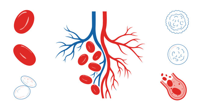 Scientific illustration of blood cells and circulatory system, depicting red blood cells, white blood cells, and capillaries